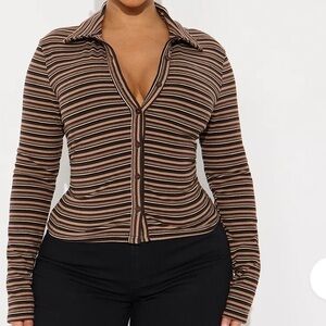 Striped Brown Button-Up Women's Top